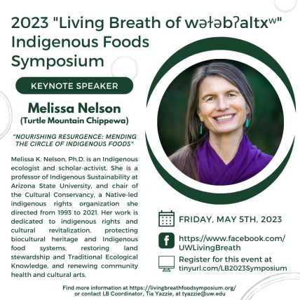 Living Breath 2023 keynote speaker flyer keynote speaker Melissa Nelson Turtle Mountain Chippewa on nourishing resurgence: mending the circle of indigenous foods