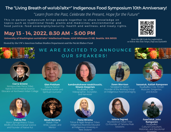 "The Living Breath of wǝɫǝbʔaltxʷ"  Indigenous Foods and Ecological Knowledge Symposium flyer with presenter pictures