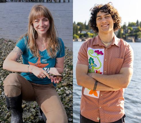 Anouk-Belle Janess (left) and Jaycee Williford (right), 2026 Udall Scholars with ties to American Indian Studies, pose outdoors near the water.