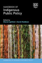 Book cover for Handbook of Indigenous Public Policy, edited by Sheryl Lightfoot and Sarah Maddison. The cover features vertical bands of woven natural materials in earthy tones—greens, browns, and tans—set against a dark background, with the publisher Edward Elgar listed at the top.