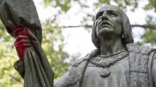 A statue of Christopher Columbus defaced in New York City's Central Park