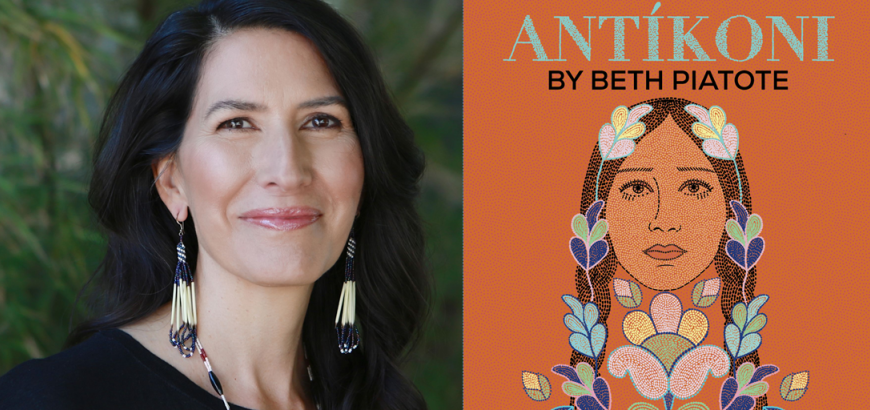 Beth Piatote smiling at camera and poster for Antikoni play showing June 4th to 21st 2026 by Bag and Baggage Productions in Oregon