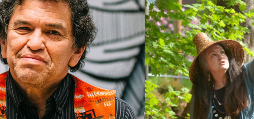 Roger Fernandes in orange sweater smiling at the camera and Barbara Lawrence holding her hand up to a tree outside