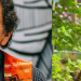 Roger Fernandes in orange sweater smiling at the camera and Barbara Lawrence holding her hand up to a tree outside